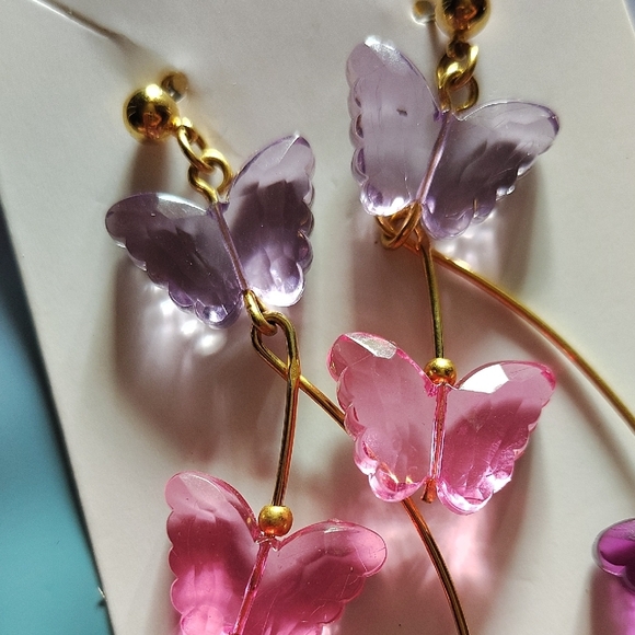 Butterfly Dangle Earrings in Purple and Pink - Picture 3 of 4
